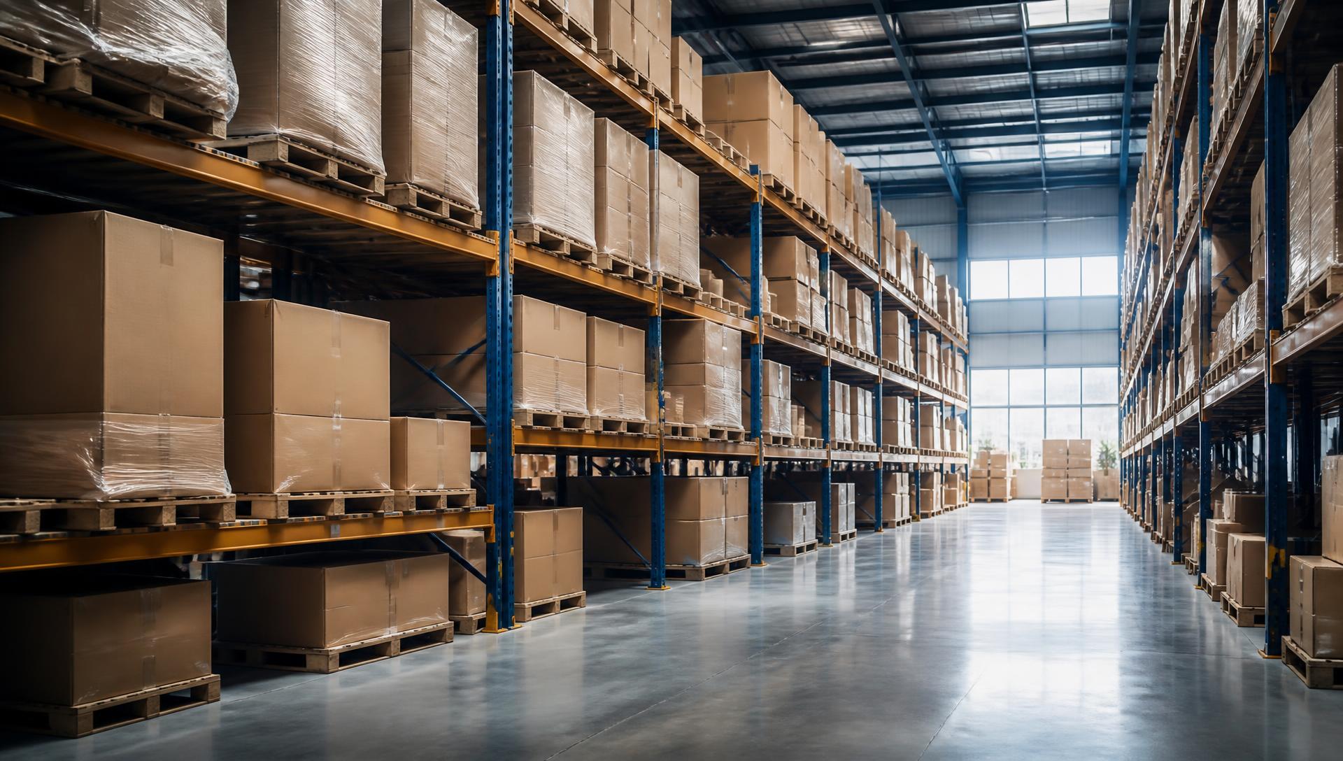Pallet racking stacked with cartons inside a wholesale distribution warehouse